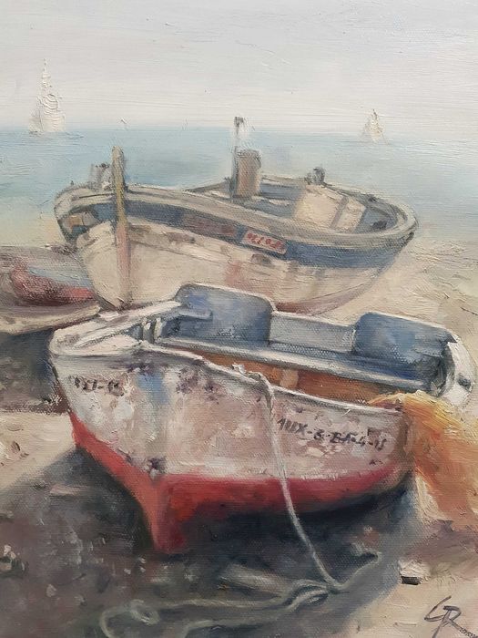 Łodzie na plaży. Obraz olejny na płótnie. 30 X 40 cm