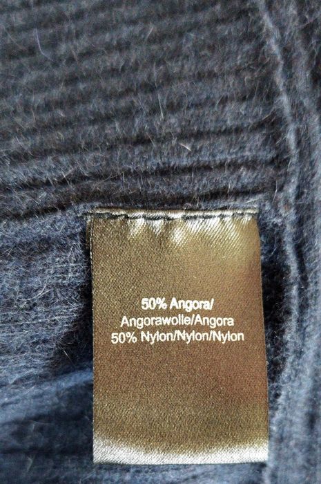 Luksusowy Granatowy Kardigan COERCION 50% Angora roz XL asymetryczny