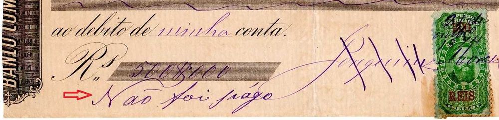 VERY RARE 'CARECA' Bank Check - Without Coverage - Brazil, 1874!!!64173591958658122