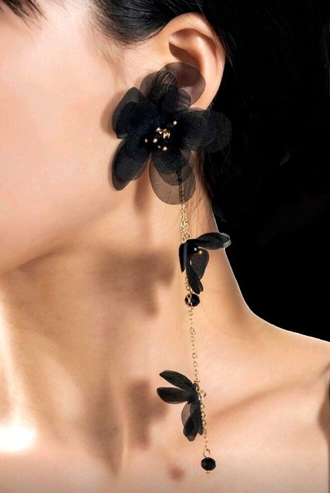 Kolczyki materiałowe kwiaty czarne