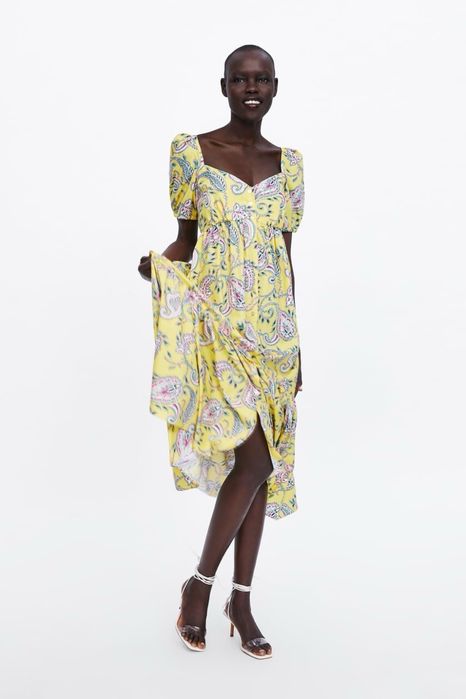 Шикарное платье zara, длинное, s m макси, катон вискоза, летнее жёлтое с узорами, рукава фонарики, для беременных, новое лёгкое воздушное сукня зара