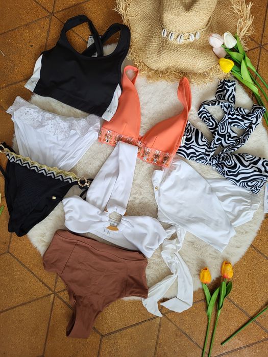 Bikini XS czarne białe pomarańczowe brązowe zestaw