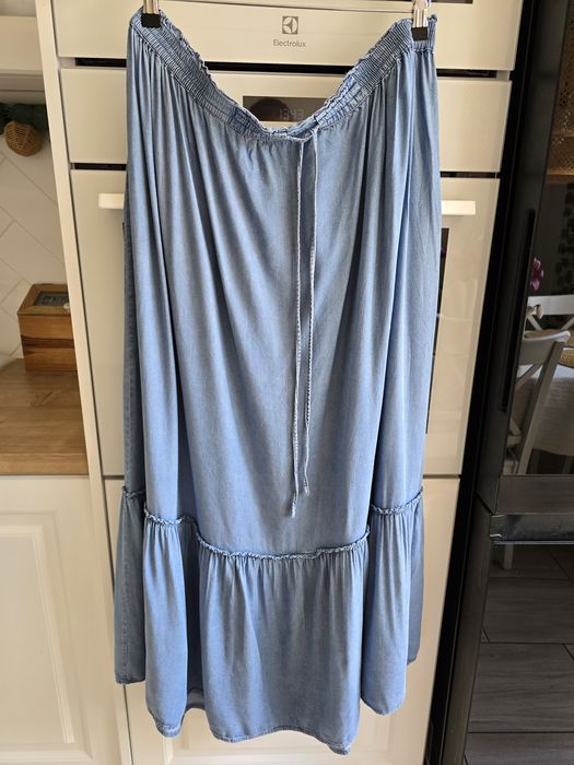 Spódnica maxi letnia jeansowa wiskoza przewiewna z falbaną plus size