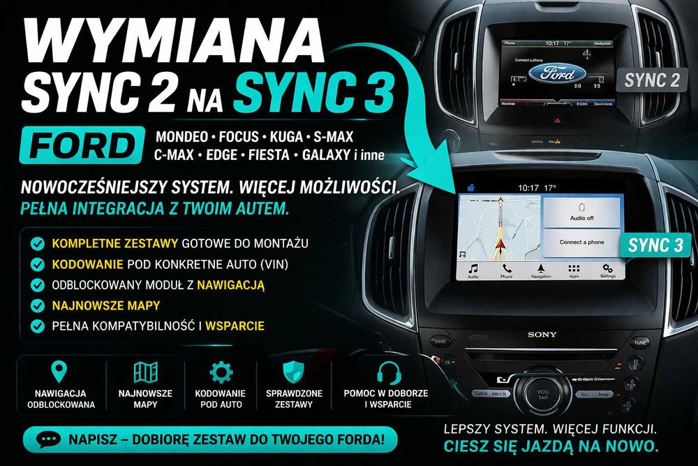 Wymiana naprawa SYNC 2 SYNC 3 – Ford Mondeo, Focus, Kuga, S-Max, C-Max, Edge Mustang inne bezprzewodowy android auto