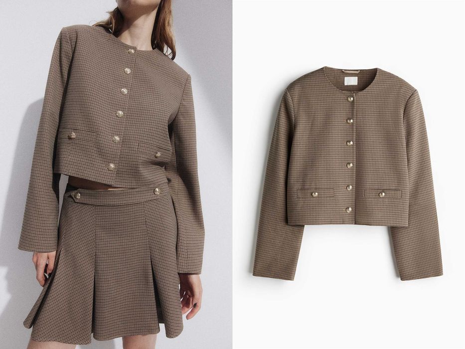 Kurtka krótka żakiet M nowa kolek wzór pepitka bawełna beżowy PROMOCJA