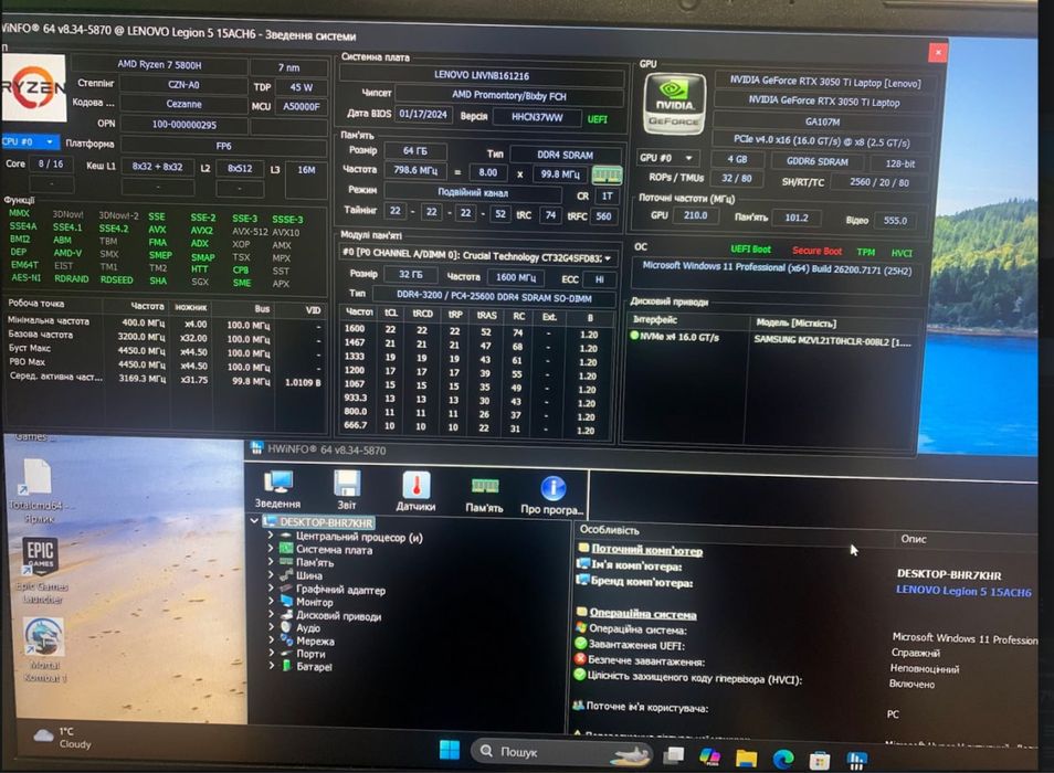 Lenovo Legion 5 ryzen7 16gb ddr4 3050TI
