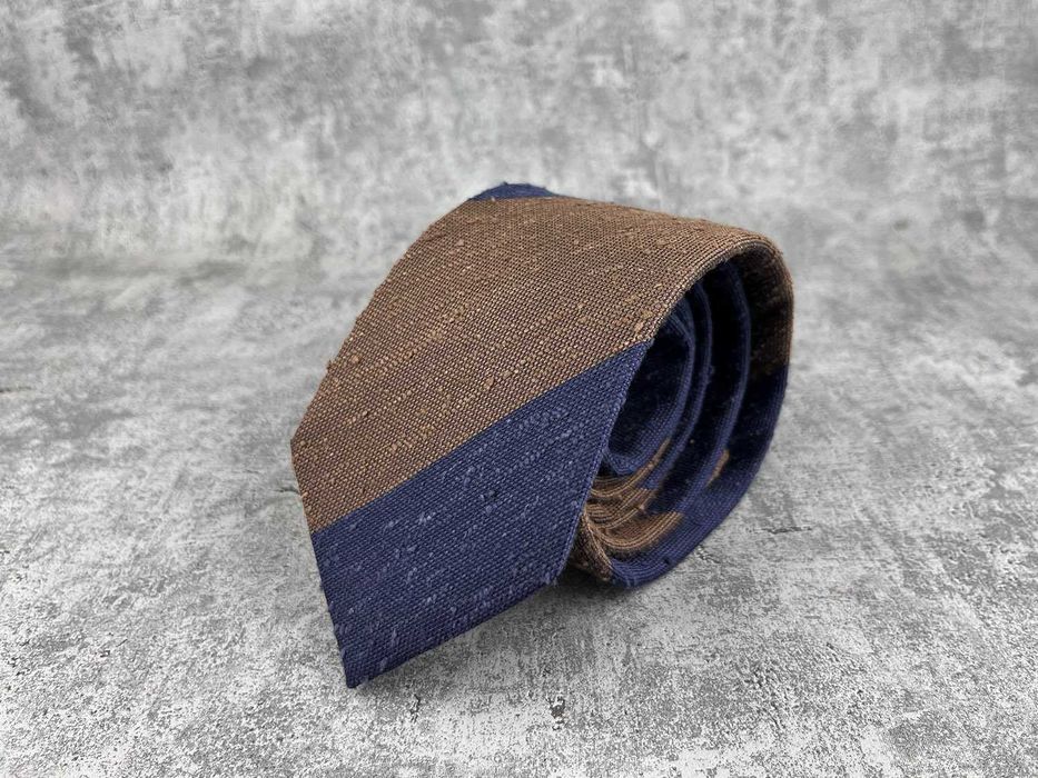 NOWY krawat szantung regimental SuitSupply granatowo-brązowy pasy tie