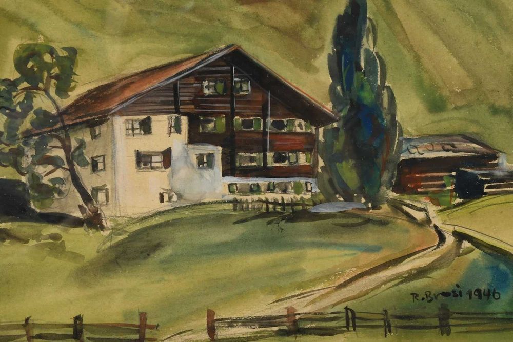 Akwarela Dom w Alpach R Brosi 1946 w zloconej ramie 24x31
