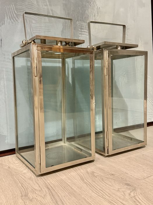 2 lanternas, porta velas, metal, vidro, decoração, arboretto
