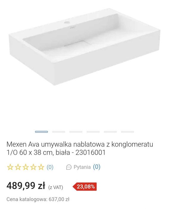 Umywalka nablatowa Mexen bez otworu na baterię.