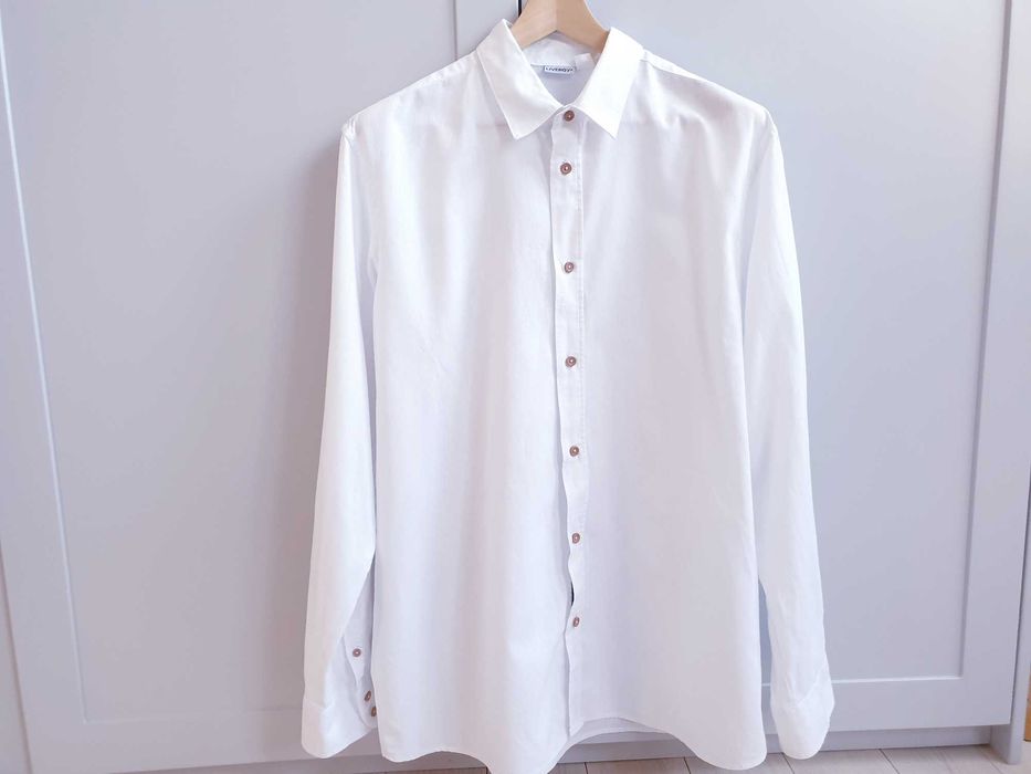 Biała koszula Livergy lniana z długim rękawem XL 2XL kołnierzyk 43 44