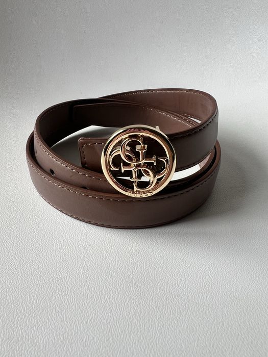 Pasek brązowy damski zlota klamra stylowy