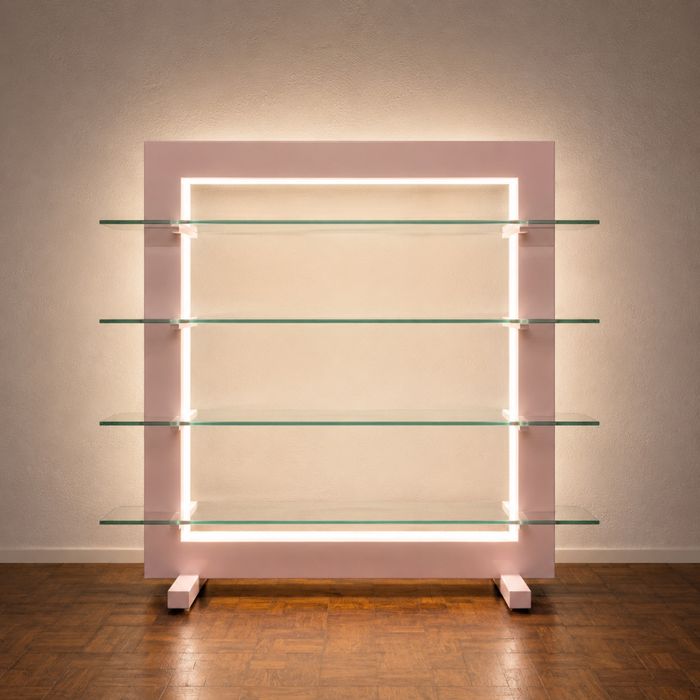 Estante moderna branca com LED e vidro temperado | 140x120 cm | Com rodas