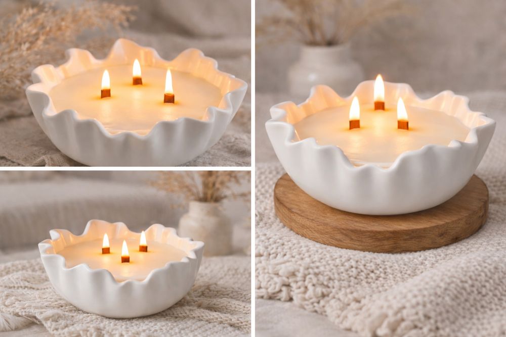 Duża świeca sojowa w ceramicznej misie – 3 drewniane knoty