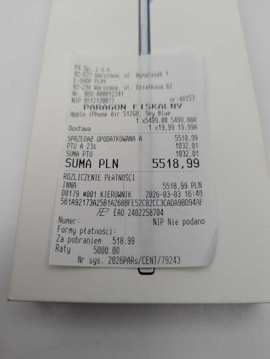 Smartfon IPHONE 17 AIR 12/512GB 100% GW