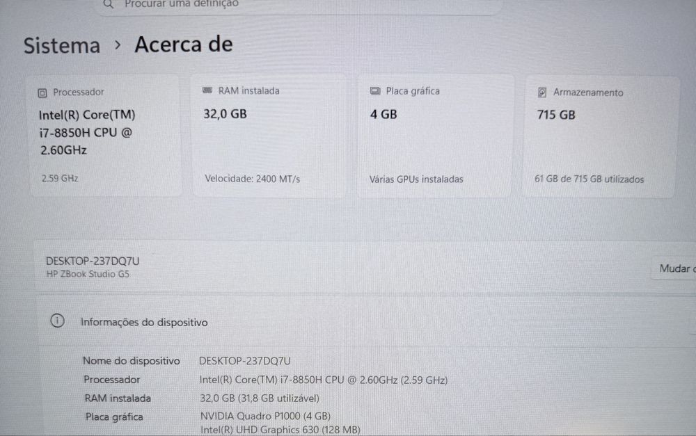 Workstation HP ZBook G5 | i7 | 32GB RAM (Programação / CAD / 3D)