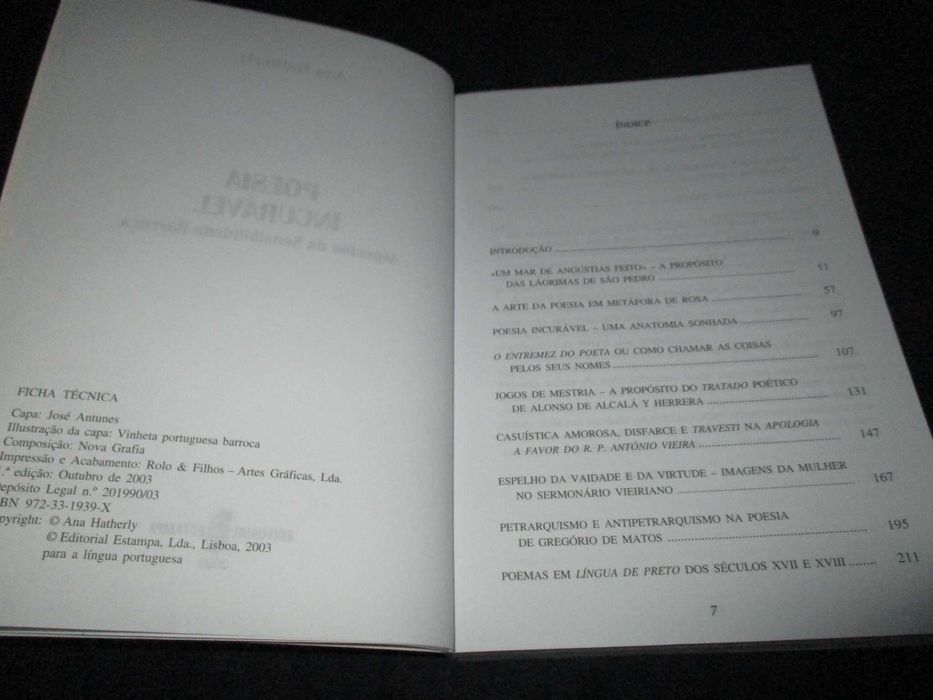 Livro Poesia Incurável Aspectos da Sensibilidade Barroca Ana Hatherly