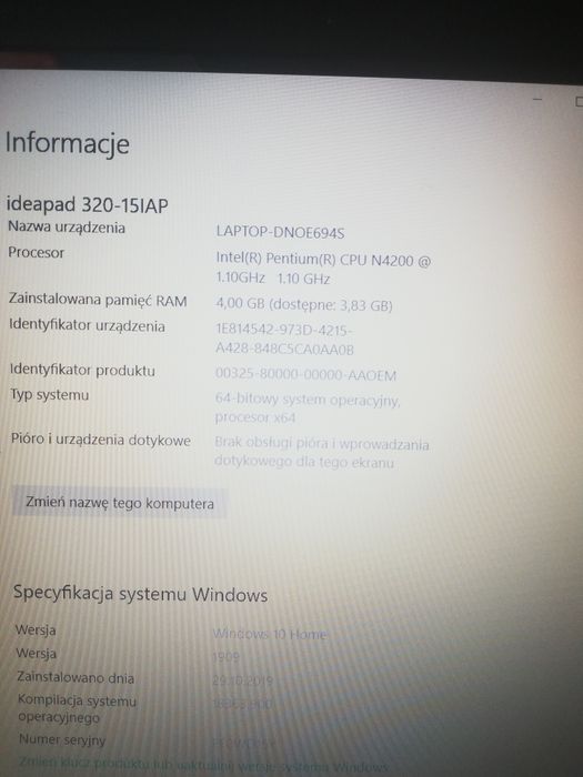 Laptop lenovo 320-15iap z zasilaczem