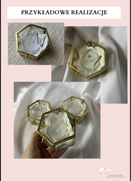 Pudełko na obrączki szklane ozdobne na wesele ślub