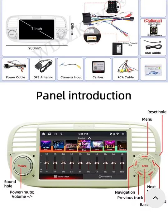 Radio 2 DIN Android Fiat 500  + Carplay + GPS + 2 GB RAM + 64 GB ROM