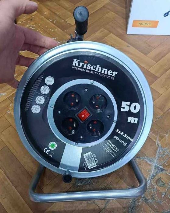 Przedłużacz Bębnowy METALOWY 50m metrów,Budowlany, GRUBY kabel 3x2,5mm