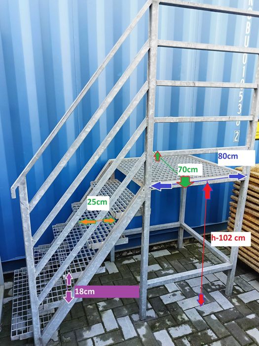 Schody ażurowe rampowe ocynkowane z poręczą  6 stopni 102cm wysokości