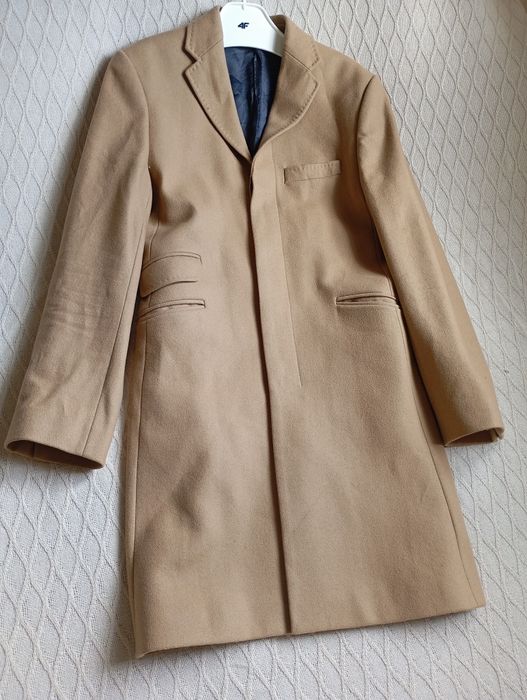 H&M WOOL BLEND klasyczny płaszcz męski beżowy 80%wełna r.48