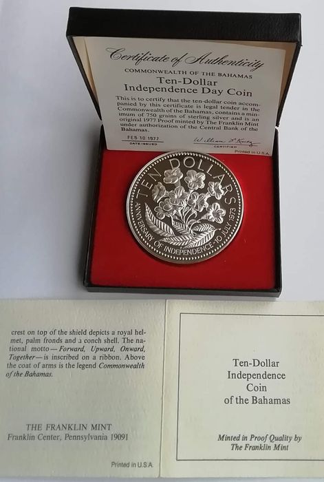 Багамські о-ви 10 $ 1977р. СРІБЛО. ПРУФ. Сертифікат. 49,1 грам.