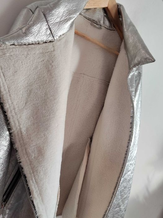 Srebrna kurtka Ramoneska ocieplana Metallic Look 44