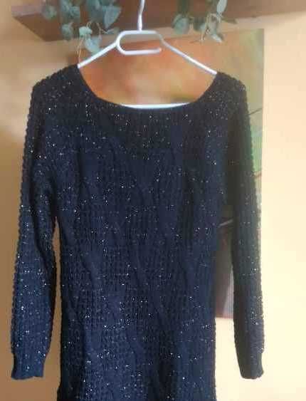 sweter ażur czarny z wełną 38/40 złota nitka/dłuższy włoski M/L
