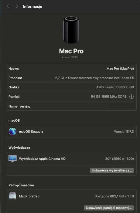 Mac Pro 6.1   12 Core Xeon E5-2697v2  2,7GHz  64GB RAM IDEALNY