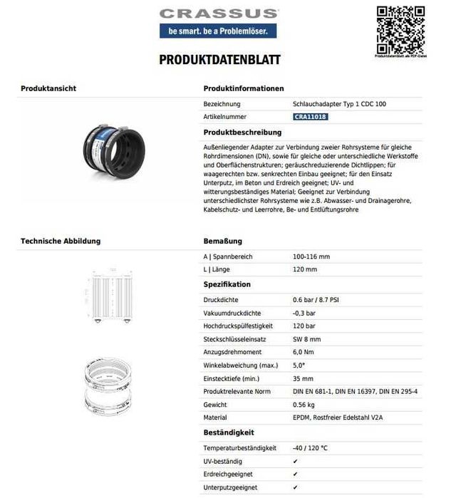 Соединитель труб 110 мм Crassus Standart Type 1 CDC 100, EPDM,Германия