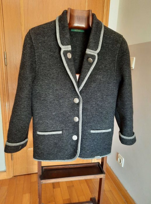 Austrian Wool Coat, Anthracite Gray with Light Gray Trim
