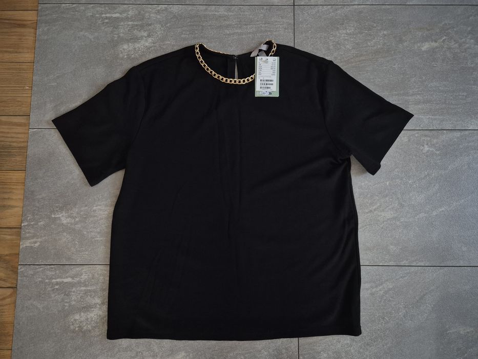 Nowa bluzka H&M 38 40 M L czarna wiskoza elegancka złoty łańcuch ozdob