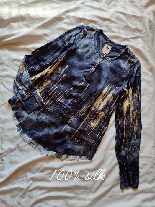 100% silk блуза атласна сорочка шовк silk sole синьо-золота синя з жовтим синьожовта натуральний шовк довгий рукав дизайнерська