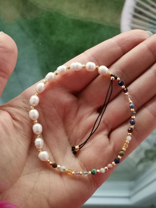 Bransoletka perły srebro kamienie misio nić jedwabna topaz  wodnik