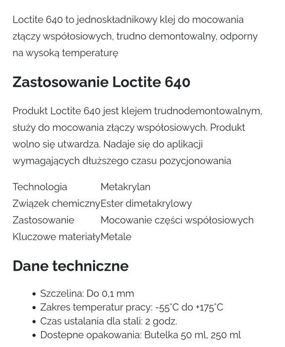 Klej do gwintów LOCTITE 640, 243, 278