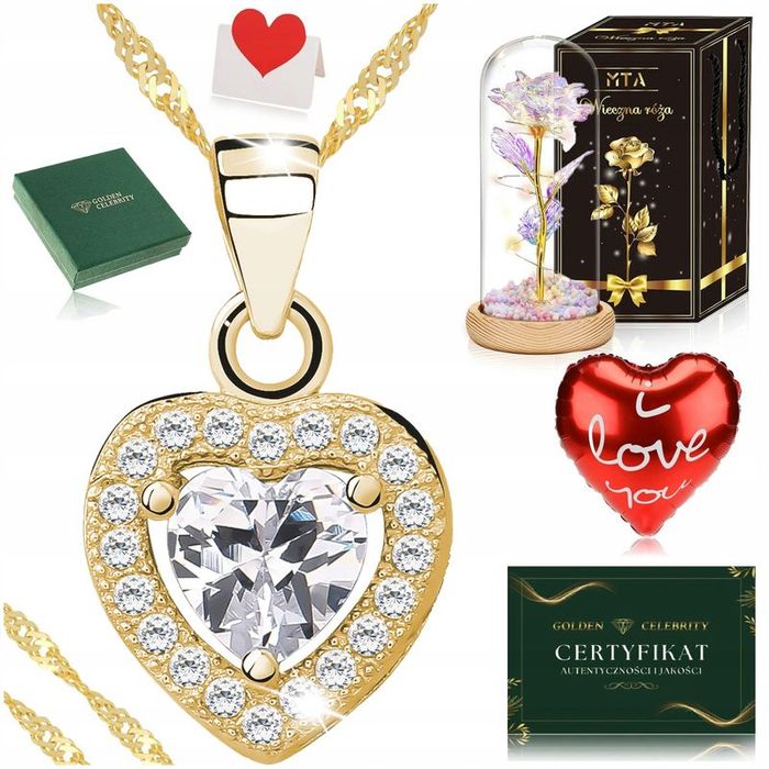 Złoty Naszyjnik Zawieszka Serduszko Celebrytka Serce 925 Róża Wieczna