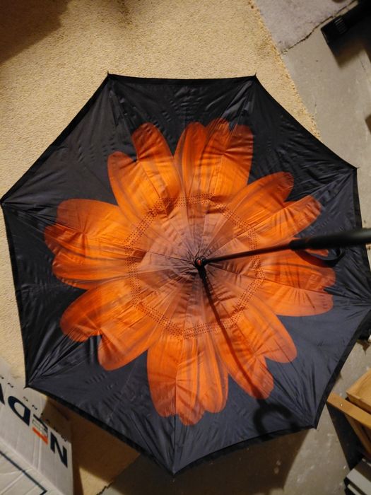 Dwustronny nowy parasol czarny z czerwonym kwiatem stojący