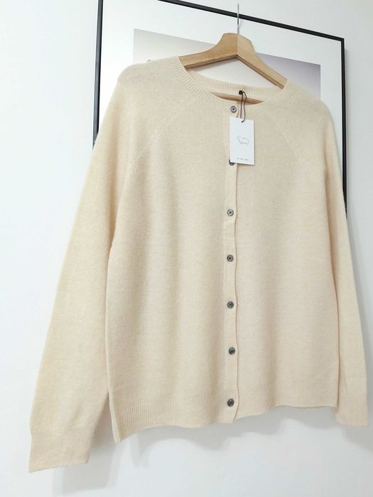 Sweter kardigan damski kremowy jasny beżowy 100% wełna merino