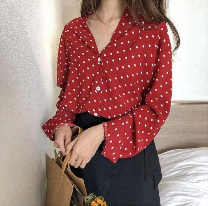 Рубашка в горошек легкая женская блуза стиль полька красная