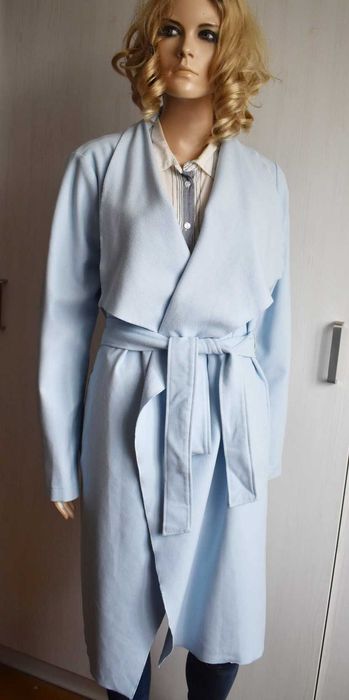 Płaszcz przejściowy 42 XL szlafrokowy błękitny wiązany elegancki midi