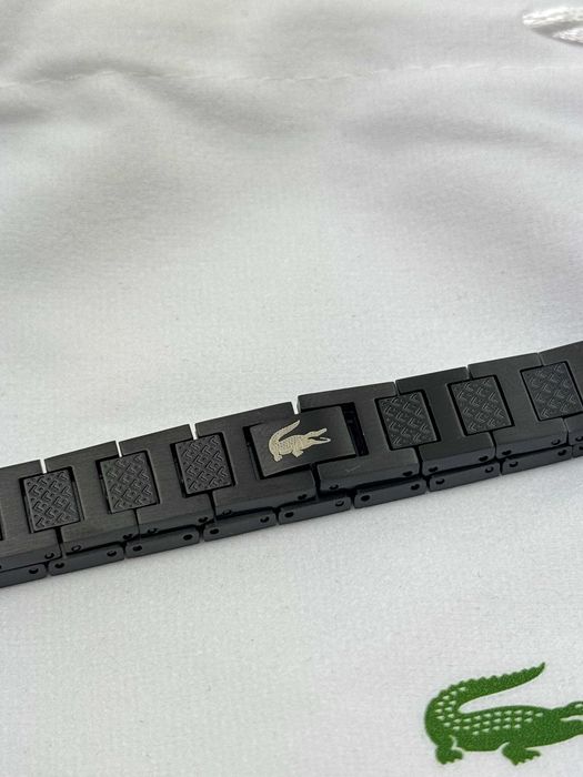 Браслет LACOSTE Лакост широкий сталевий браслет крокодил срібний сірий чорний