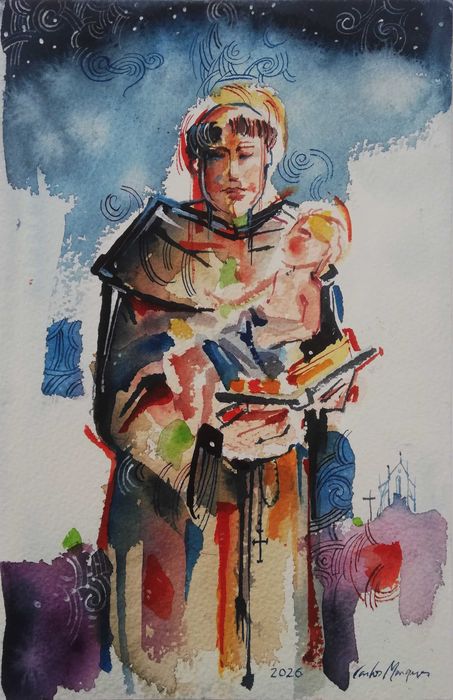 Aguarela. Santo António. Original de Carlos Marques
