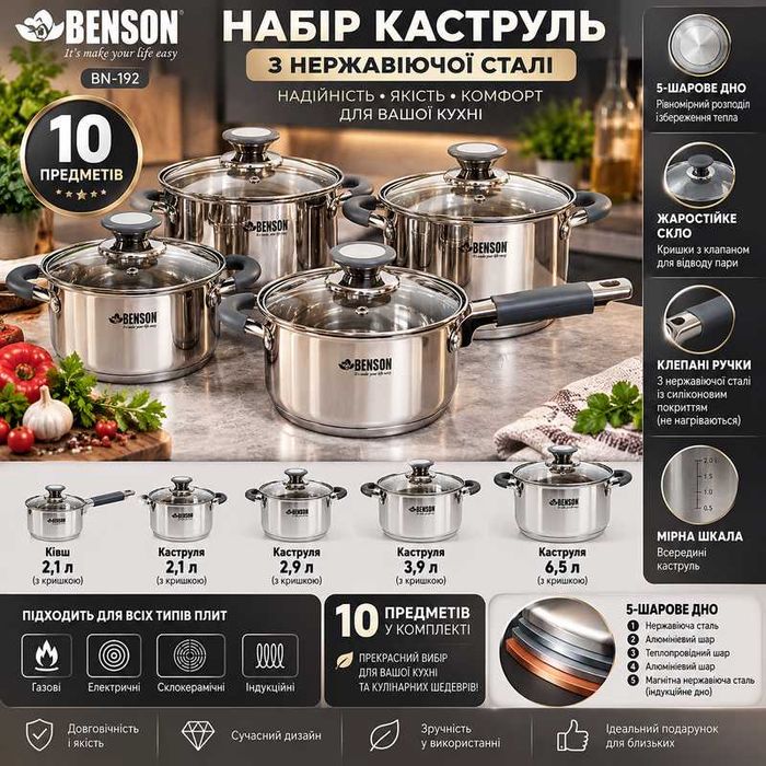 Набір каструль Benson BN-192 10 предметів / Набір посуду нержавіюча сталь 5-шарове дно / Ковш та каструлі для індукційних плит