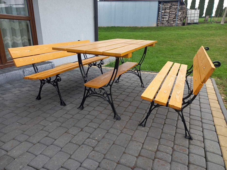 Komplet ogrodowy meble ogrodowe stół + 2 ławki, solidny, duży, nowy