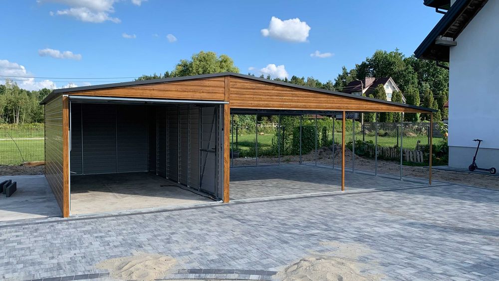 Garaż blaszany 3x5 + 6x5 wiata z profila drewnopodobny