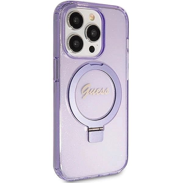 Etui Guess Ring Stand Script Glitter MagSafe na iPhone 15 Pro - fiolet