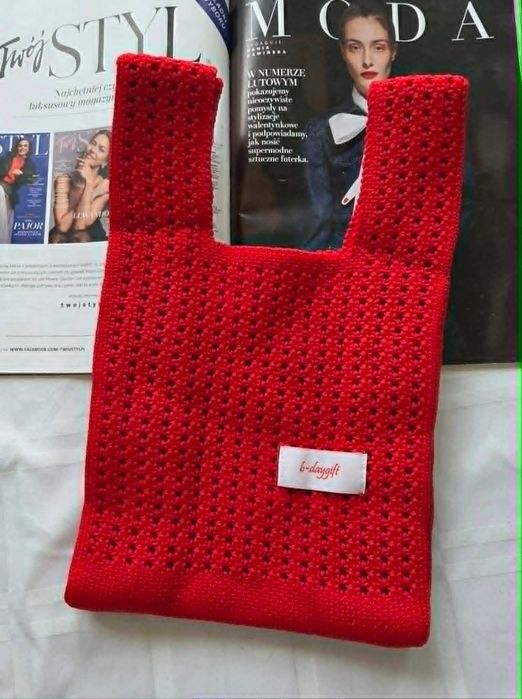 Viralowa czerwona ażurowa torba shopper handmade B-DayGift  mała/modna/pojemna