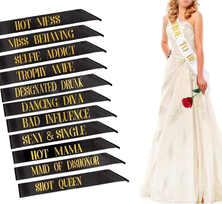 Bachelor Party 11 Black Sashes for the Bride's Party + 1 White Sash for the Bride - BRAND NEW - FREE SHIPPING
